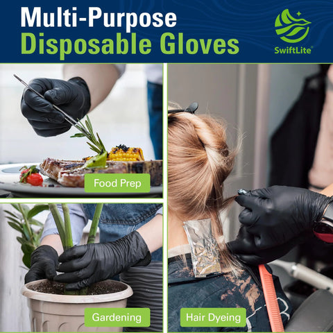 Black Nitrile Gloves Disposable Food Safe Latex Free Powder Free 2.5 Mil Thick For Cooking And Food Prep As Well As Kitchen Cleaning Ultra Dexterity Durable Yet Comfortable Allergy Friendly And Non Slip Beaded Cuff Medium Size in use for food prep, gardening, and hair dyeing.