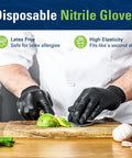 Chef wearing Black Nitrile Gloves Disposable Food Safe Latex Free Powder Free 2.5 Mil Thick for cooking and food prep.