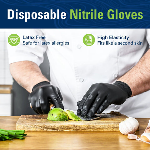 Chef wearing Black Nitrile Gloves Disposable Food Safe Latex Free Powder Free 2.5 Mil Thick for cooking and food prep.