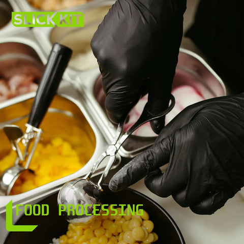 Person wearing Nitrile Disposable Gloves 4 Mil Latex Free Powder Free Black XL 100 Count while handling food with scooper