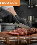 Chef using Black Nitrile Gloves 4 Mil Powder Free Latex Free Food Safe Large 100 Count for slicing meat in a kitchen