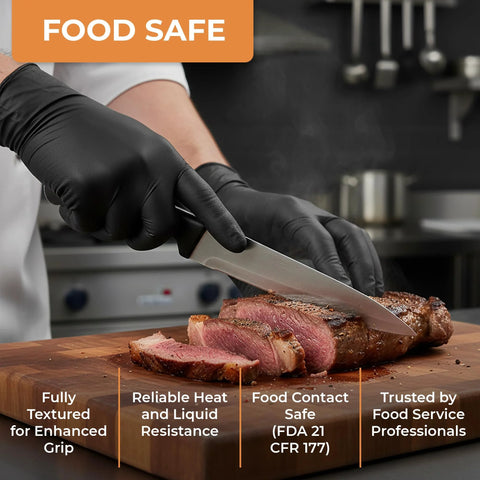Chef using Black Nitrile Gloves 4 Mil Powder Free Latex Free Food Safe Large 100 Count for slicing meat in a kitchen