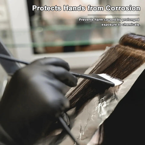 Black 6 Mil Nitrile Gloves Powder Free Chemical Resistant Large 100 Count used in salon for hair coloring protection.