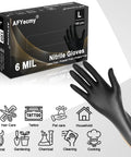 Black 6 Mil Nitrile Gloves Powder Free Chemical Resistant Large 100 Count box with glove; industrial and household icons displayed