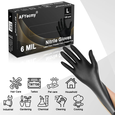Black 6 Mil Nitrile Gloves Powder Free Chemical Resistant Large 100 Count box with glove; industrial and household icons displayed
