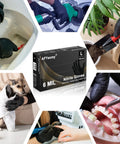 Collage featuring Black 6 Mil Nitrile Gloves Powder Free Chemical Resistant Large 100 Count used in various tasks.
