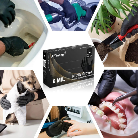 Collage featuring Black 6 Mil Nitrile Gloves Powder Free Chemical Resistant Large 100 Count used in various tasks.