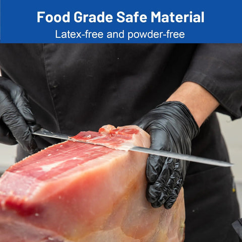 Close-up of person slicing meat wearing Black Nitrile Exam Gloves 3.5 Mil 1200 Textured Grip Latex Free Powder Free.