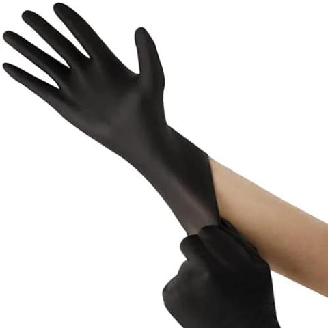 Person wearing Black Nitrile Disposable Gloves 5 Mil Latex Free Industrial Food Safe X Large