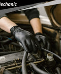 Mechanic wearing 4 Mil Nitrile Gloves 100 Count Latex Free Powder Free Food Safe For Cooking while repairing engine