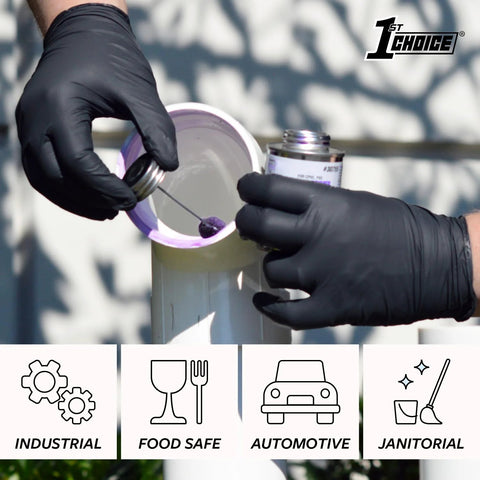 Person wearing Black Nitrile Gloves 6 Mil Latex Free Powder Free Mechanics Automotive XL while working with pipe sealant