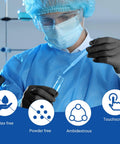 Scientist wearing Blue gown and Black Nitrile Exam Gloves 3.5 Mil 1200 Textured Grip Latex Free Powder Free in a lab setting