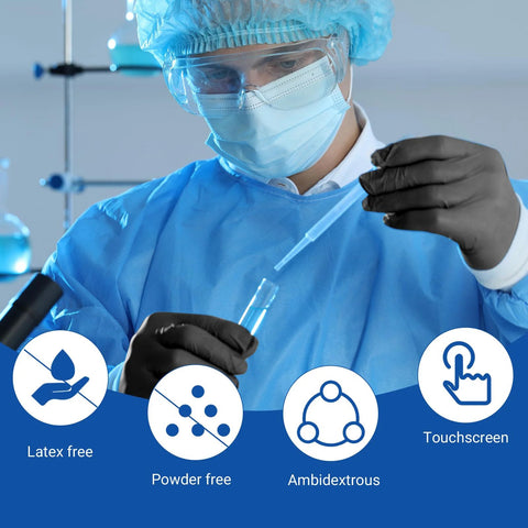 Scientist wearing Blue gown and Black Nitrile Exam Gloves 3.5 Mil 1200 Textured Grip Latex Free Powder Free in a lab setting