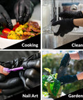 Heavy Duty Nitrile Gloves 6 Mil Black Disposable 100 Count Food Safe Powder Free used for cooking, cleaning, nail art, and gardening.