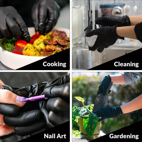 Heavy Duty Nitrile Gloves 6 Mil Black Disposable 100 Count Food Safe Powder Free used for cooking, cleaning, nail art, and gardening.