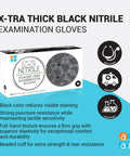 X-tra thick black nitrile examination gloves packaging with key features and icons for healthcare, emergency, laboratory use.