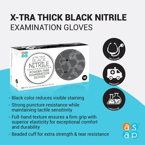 X-tra thick black nitrile examination gloves packaging with key features and icons for healthcare, emergency, laboratory use.