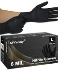 Person wearing Black 6 Mil Nitrile Gloves Powder Free Chemical Resistant Large 100 Count next to packaging