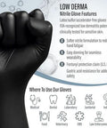 Black Nitrile Gloves 7 Mil Duty Powder Free Latex Free Puncture Resistant Large with glove features and usage icons