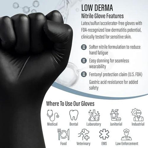 Black Nitrile Gloves 7 Mil Duty Powder Free Latex Free Puncture Resistant Large with glove features and usage icons
