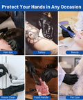 Collage of black nitrile exam gloves used in hair dye, tattoo, beauty, cleaning, food handling, and pet care applications