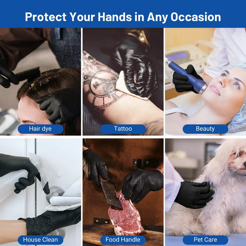 Collage of black nitrile exam gloves used in hair dye, tattoo, beauty, cleaning, food handling, and pet care applications