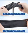 Hands stretching Black Nitrile Exam Gloves 3.5 Mil 1200 Textured Grip Latex Free Powder Free, showing elasticity and puncture resistance.