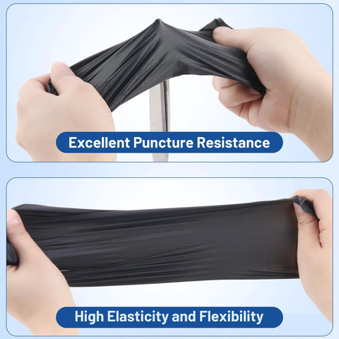 Hands stretching Black Nitrile Exam Gloves 3.5 Mil 1200 Textured Grip Latex Free Powder Free, showing elasticity and puncture resistance.