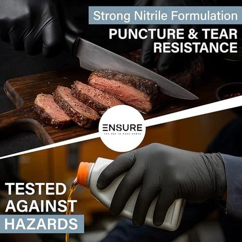 Black Nitrile Gloves 7 Mil Duty Powder Free Latex Free Puncture Resistant Large in use slicing meat and pouring liquid
