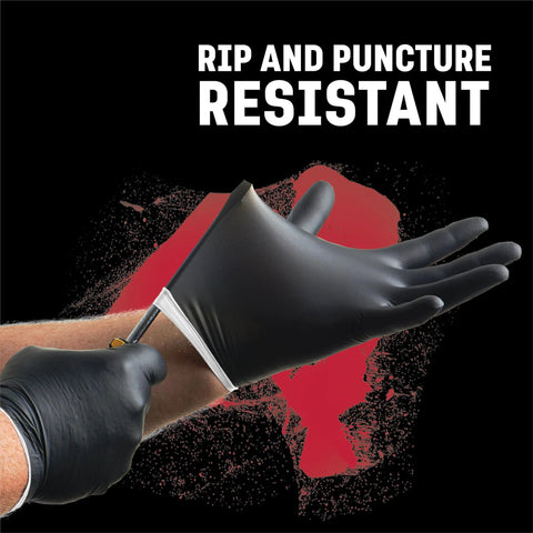 Chemical Resistant Black Nitrile Gloves Two Layer Protection 6 Mil Powder Free, showing knife testing puncture resistance