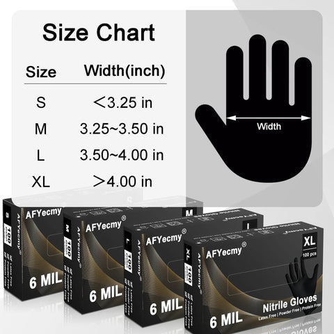 Size chart for Black 6 Mil Nitrile Gloves Powder Free Chemical Resistant Large 100 Count