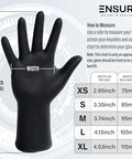 Black Nitrile Gloves 7 Mil Duty Powder Free Latex Free Puncture Resistant Large with size chart and measurement guide