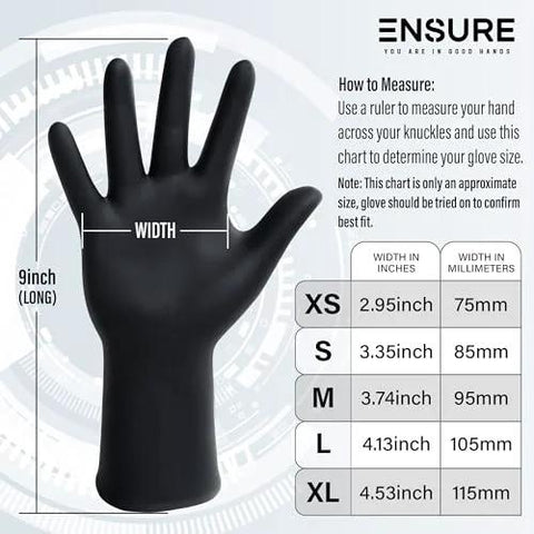 Black Nitrile Gloves 7 Mil Duty Powder Free Latex Free Puncture Resistant Large with size chart and measurement guide