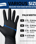 Black Nitrile Exam Gloves 100 Count Powder Free Latex Free Chemical Resistant size chart with hand in glove