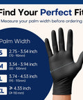 Black Nitrile Exam Gloves 100 Count Powder Free Latex Free Chemical Resistant size chart with a hand displaying glove fit.
