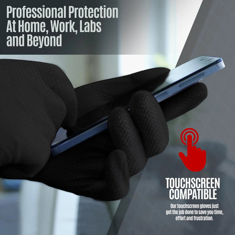 8 Mil Powder Free Nitrile Diamond Textured Gloves Heavy Duty XL 100 Pack in use while operating a smartphone, showcasing its touchscreen compatibility.