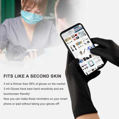 Black Nitrile Disposable Gloves 5 Mil Latex Free Industrial Food Safe X Large being used on a touchscreen device