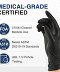 Person wearing Black Nitrile Exam Gloves Box Of 100 Latex Free Powder Free Disposable Medical with certifications displayed