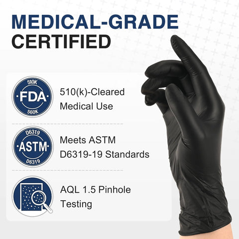 Person wearing Black Nitrile Exam Gloves Box Of 100 Latex Free Powder Free Disposable Medical with certifications displayed