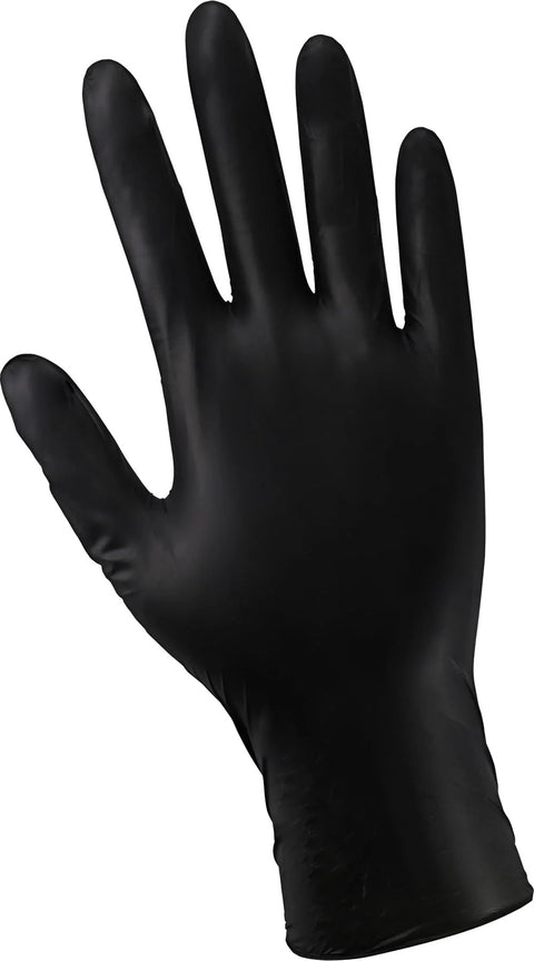 Gloved hand wearing Industrial Grade Powder Free Disposable Gloves Nitrile Vinyl Blend Black Large