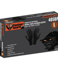 Box of Industrial Grade Powder Free Disposable Gloves Nitrile Vinyl Blend Black Large showing glove illustration and product details
