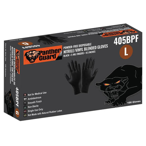 Box of Industrial Grade Powder Free Disposable Gloves Nitrile Vinyl Blend Black Large showing glove illustration and product details