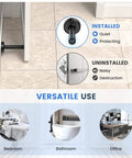 Installed and uninstalled views of 2 Pack No Drilling Door Stoppers With Rubber Padded Tips For Wall Protection, in bedroom, bathroom, and office settings.