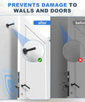 2 Pack No Drilling Door Stoppers With Rubber Padded Tips For Wall Protection, 304 Stainless Steel Sound Dampening Door Stops For Top And Bottom Of Doors, Easy 3M Adhesive Install Or Optional Screws, Black, showing installation difference with door and wall protection.