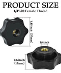 Black Nylon 1/4-20 Inch Hand Tightening Clamping Knobs With Brass Inserts, showing size and thread details in a 6-star design.
