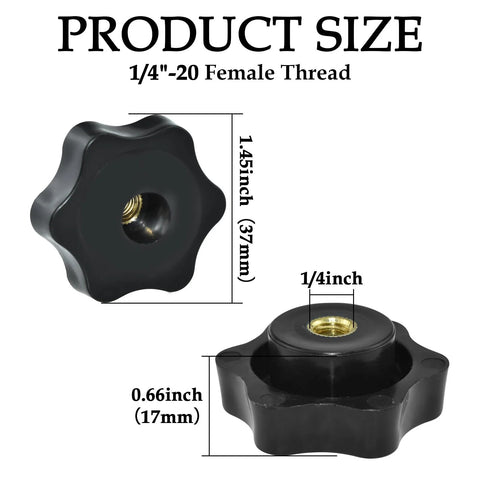 Black Nylon 1/4-20 Inch Hand Tightening Clamping Knobs With Brass Inserts, showing size and thread details in a 6-star design.