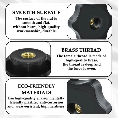 Black Nylon 1/4-20 Inch Hand Tightening Clamping Knobs With Brass Inserts Screw-On Thru Threaded 6-Star Knob Nuts features