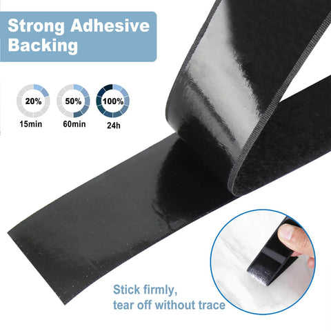 Heavy Duty Adhesive Strips Roll 26.5 Feet By 1.2 Inches Self Adhesive Nylon Back Fastener Tape for DIY Projects, black, close-up view.