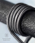 Close-up of USB C To USB C Cable 60W Fast Charging Nylon Braided 6 Ft 2 Pack showing reinforced black nylon texture