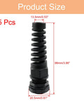 Five Pack NPT Half Inch Cable Glands With Strain Relief IP68 Waterproof Cable Gland With Adjustable Locknut For Six To Twelve Millimeter Wire Diameter Range Built Tough shown standing with dimensions